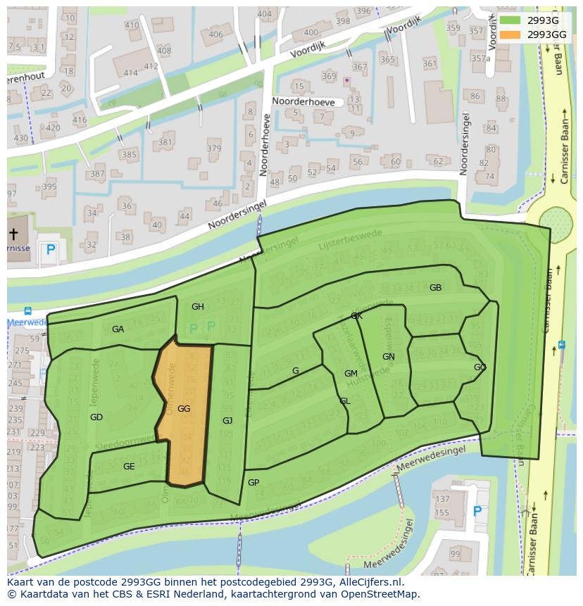Afbeelding van het postcodegebied 2993 GG op de kaart.