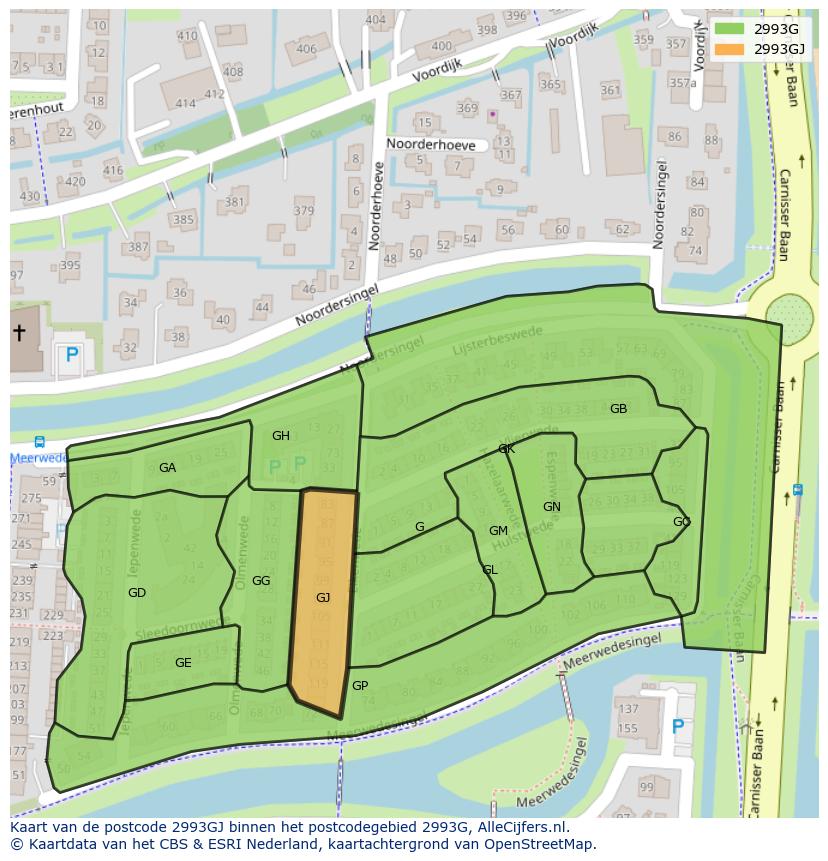 Afbeelding van het postcodegebied 2993 GJ op de kaart.