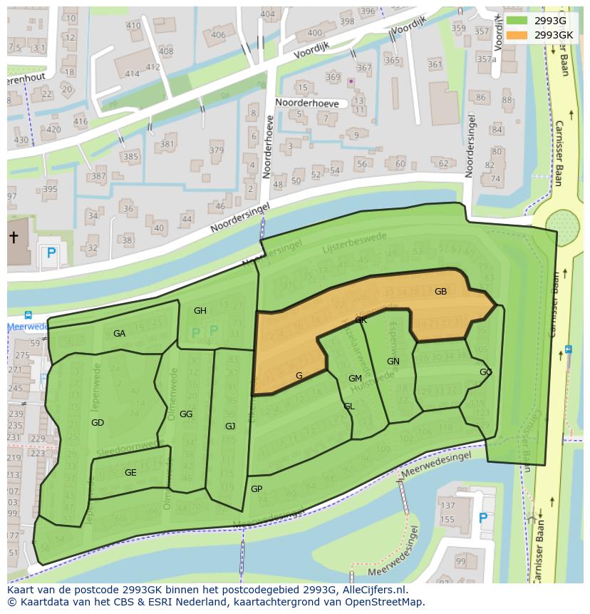 Afbeelding van het postcodegebied 2993 GK op de kaart.