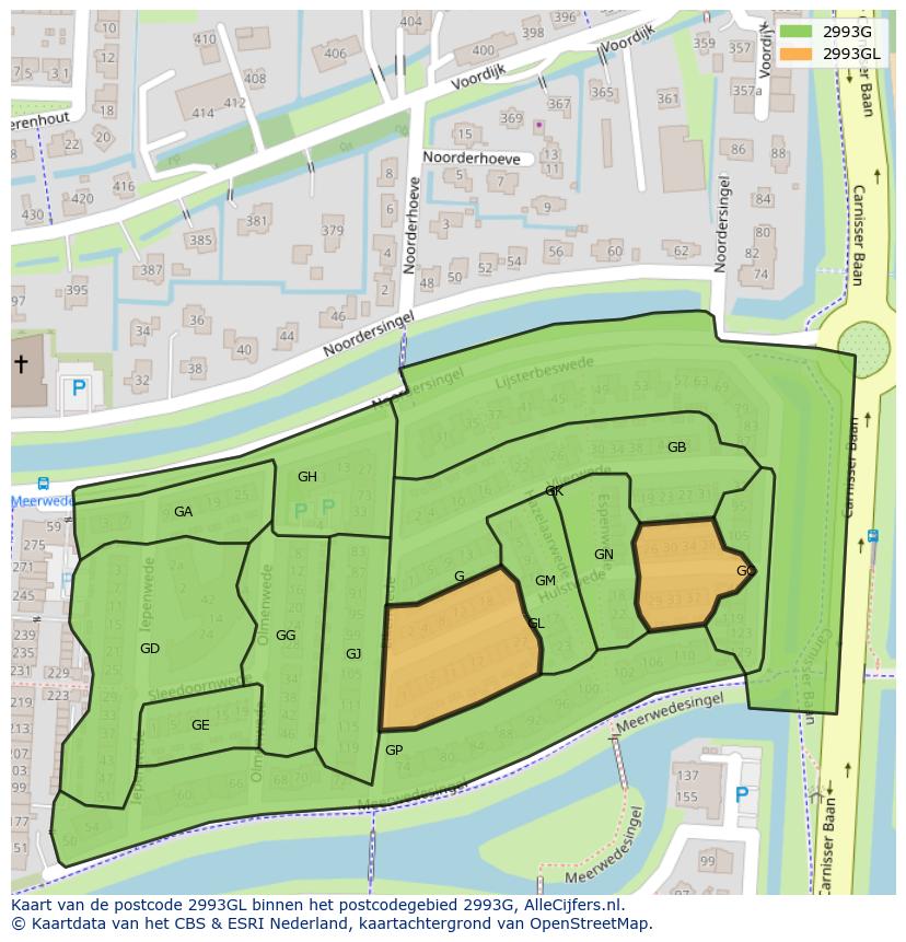 Afbeelding van het postcodegebied 2993 GL op de kaart.
