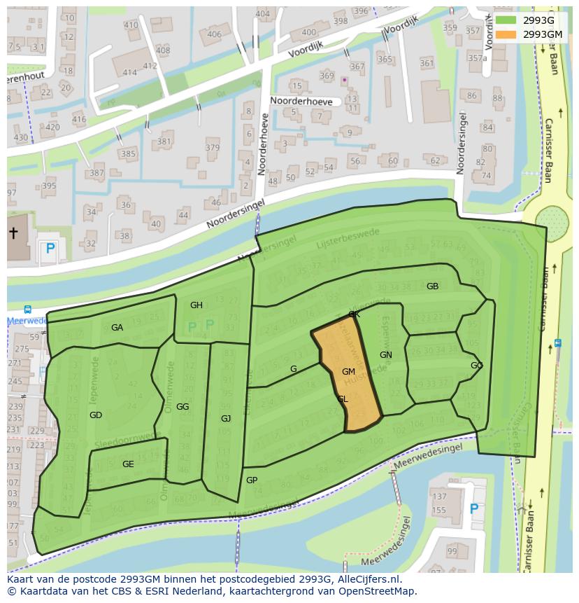Afbeelding van het postcodegebied 2993 GM op de kaart.