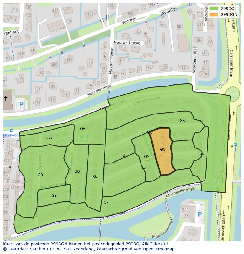 Afbeelding van het postcodegebied 2993 GN op de kaart.