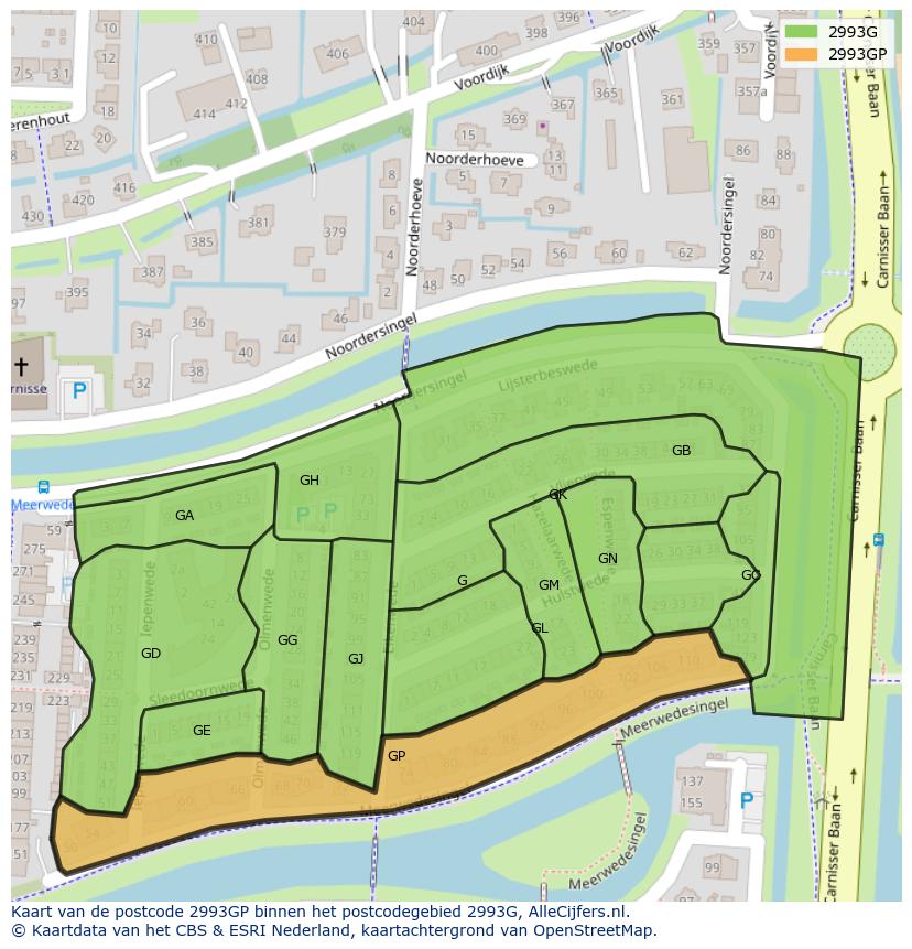 Afbeelding van het postcodegebied 2993 GP op de kaart.