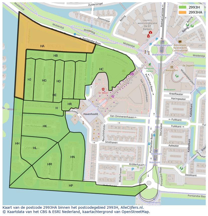 Afbeelding van het postcodegebied 2993 HA op de kaart.