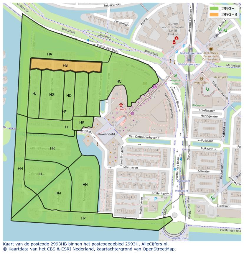 Afbeelding van het postcodegebied 2993 HB op de kaart.