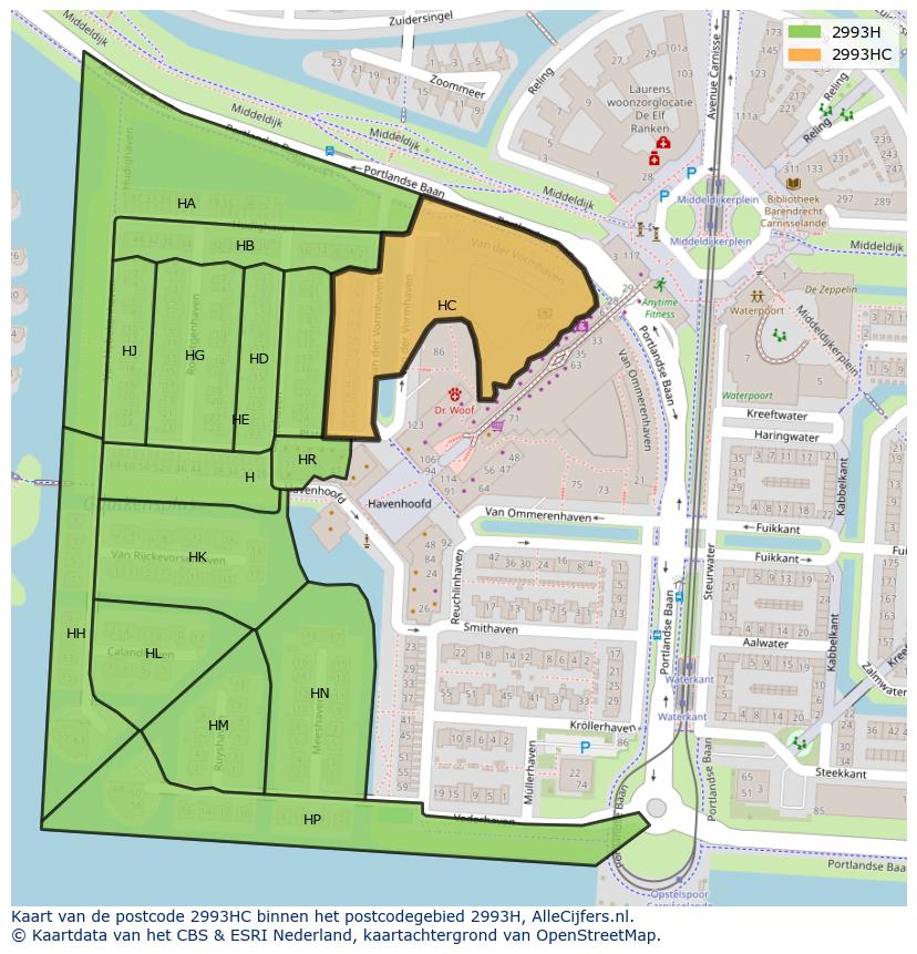 Afbeelding van het postcodegebied 2993 HC op de kaart.