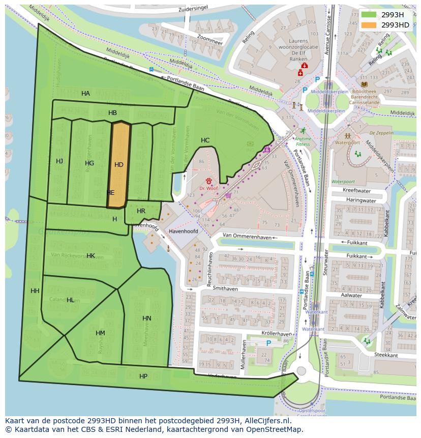 Afbeelding van het postcodegebied 2993 HD op de kaart.