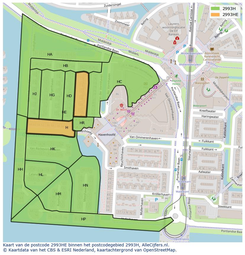 Afbeelding van het postcodegebied 2993 HE op de kaart.