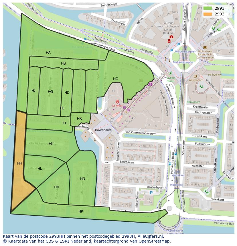Afbeelding van het postcodegebied 2993 HH op de kaart.