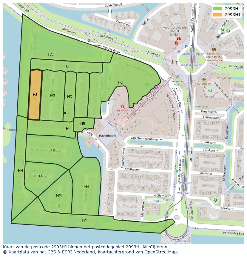 Afbeelding van het postcodegebied 2993 HJ op de kaart.