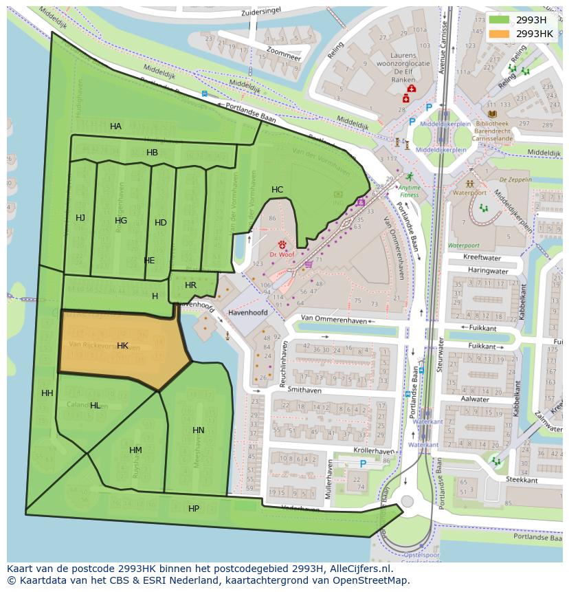 Afbeelding van het postcodegebied 2993 HK op de kaart.