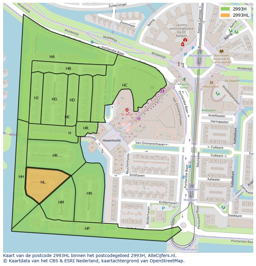 Afbeelding van het postcodegebied 2993 HL op de kaart.