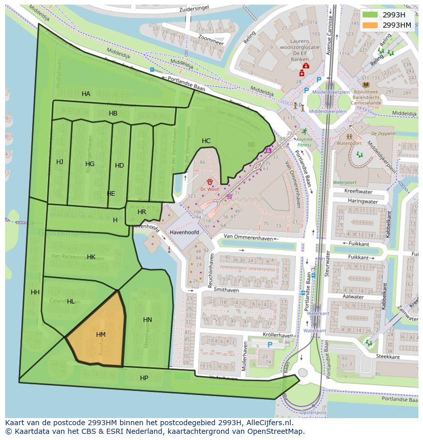 Afbeelding van het postcodegebied 2993 HM op de kaart.
