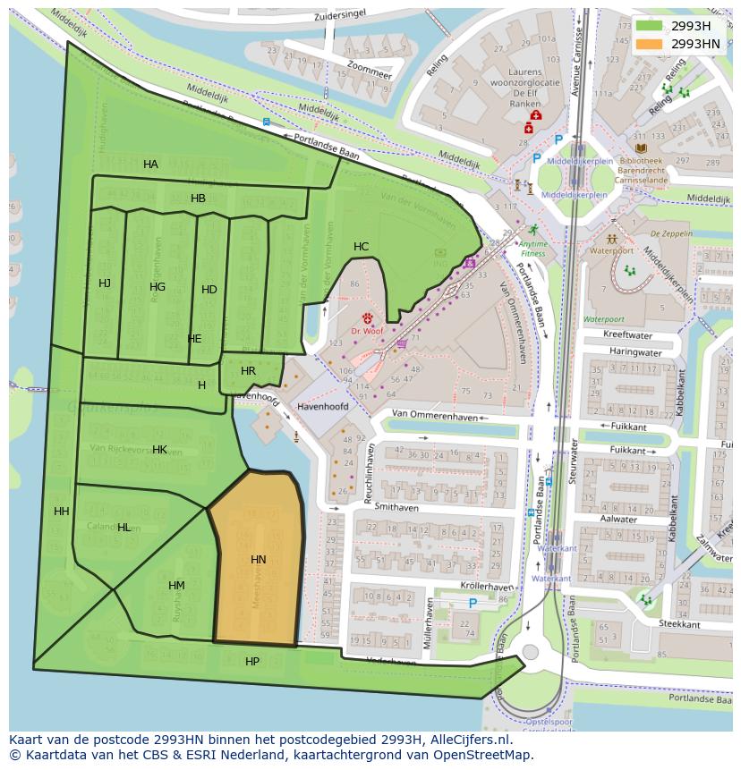 Afbeelding van het postcodegebied 2993 HN op de kaart.