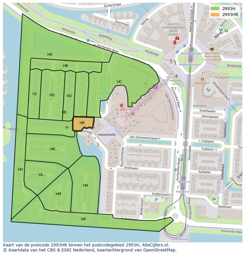 Afbeelding van het postcodegebied 2993 HR op de kaart.