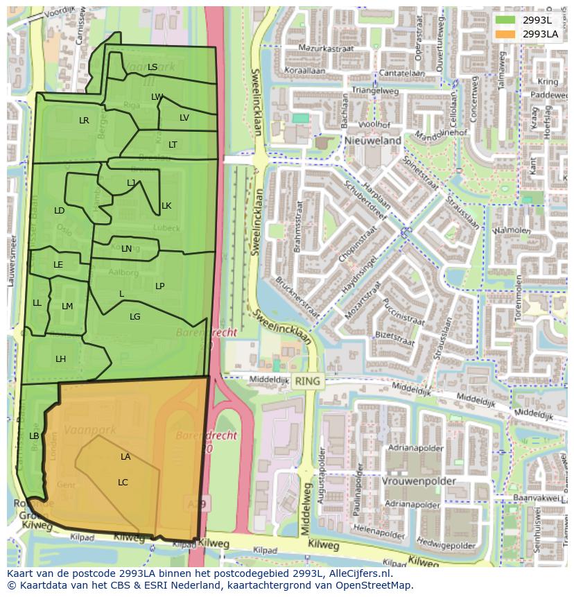 Afbeelding van het postcodegebied 2993 LA op de kaart.