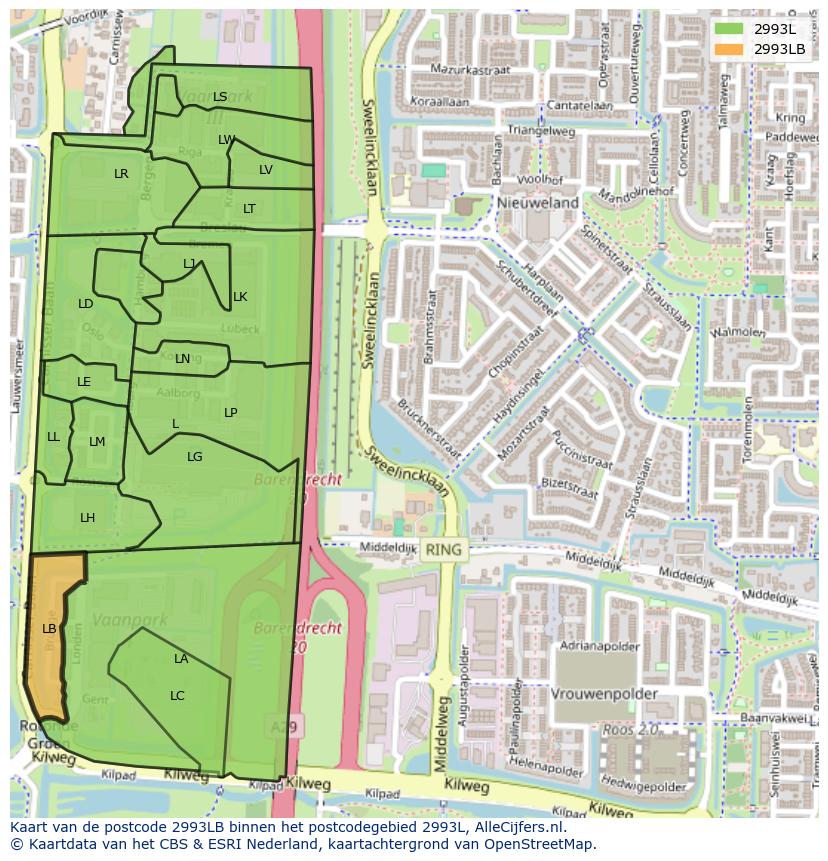 Afbeelding van het postcodegebied 2993 LB op de kaart.