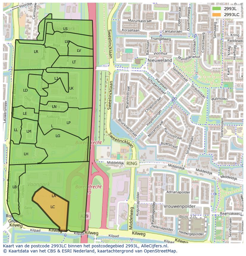 Afbeelding van het postcodegebied 2993 LC op de kaart.