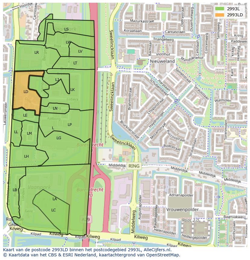 Afbeelding van het postcodegebied 2993 LD op de kaart.