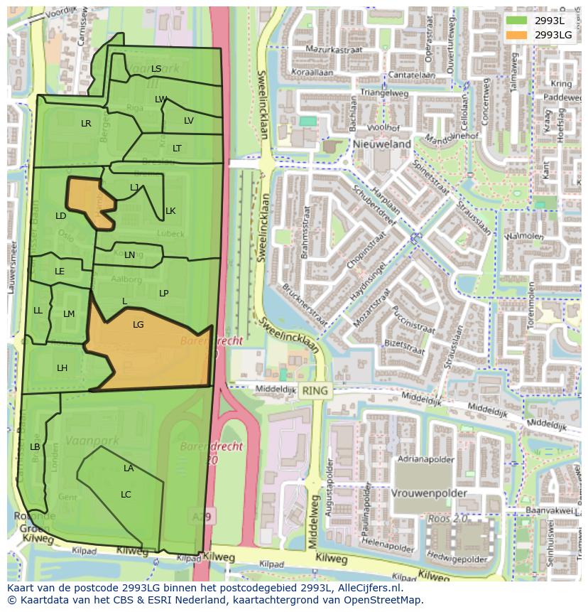 Afbeelding van het postcodegebied 2993 LG op de kaart.