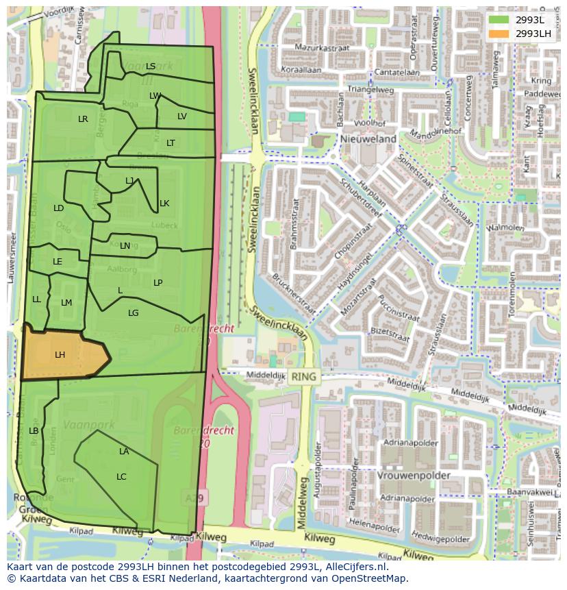 Afbeelding van het postcodegebied 2993 LH op de kaart.