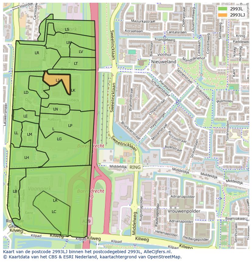 Afbeelding van het postcodegebied 2993 LJ op de kaart.