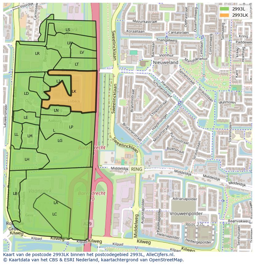 Afbeelding van het postcodegebied 2993 LK op de kaart.