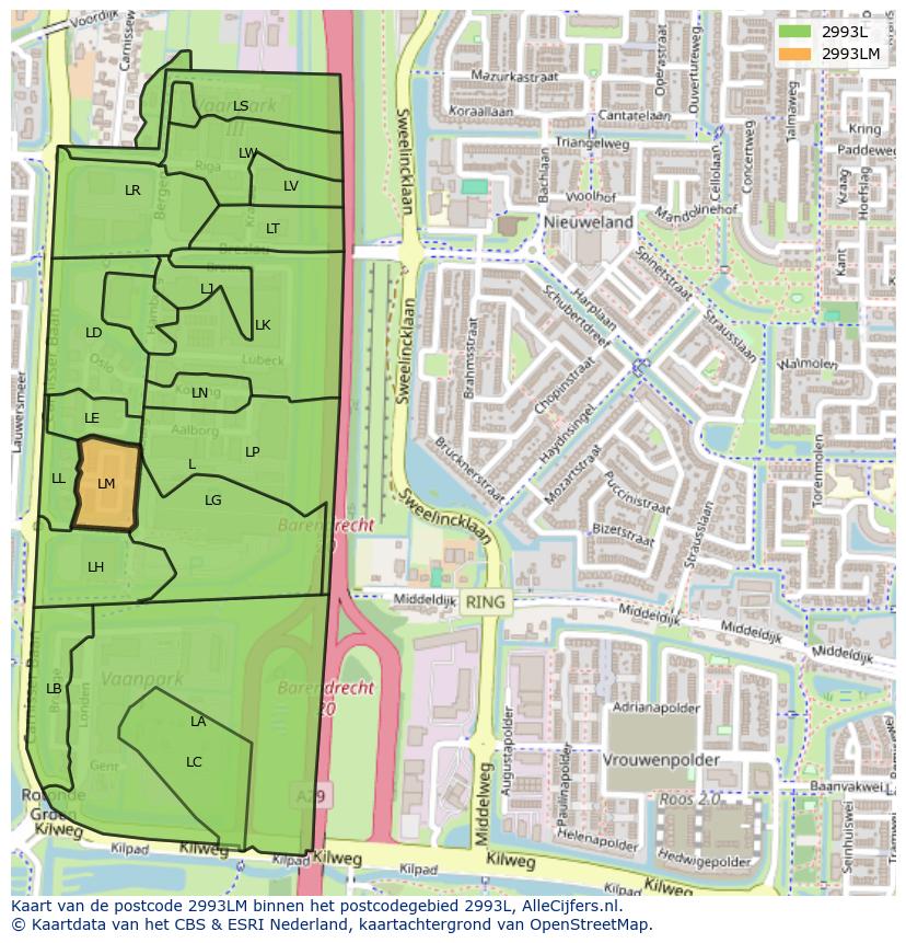 Afbeelding van het postcodegebied 2993 LM op de kaart.