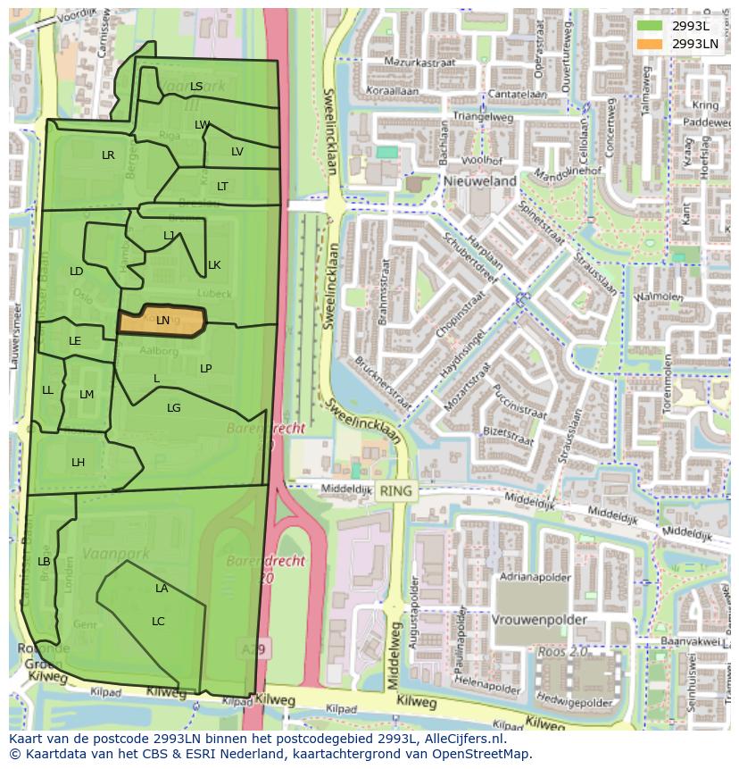 Afbeelding van het postcodegebied 2993 LN op de kaart.