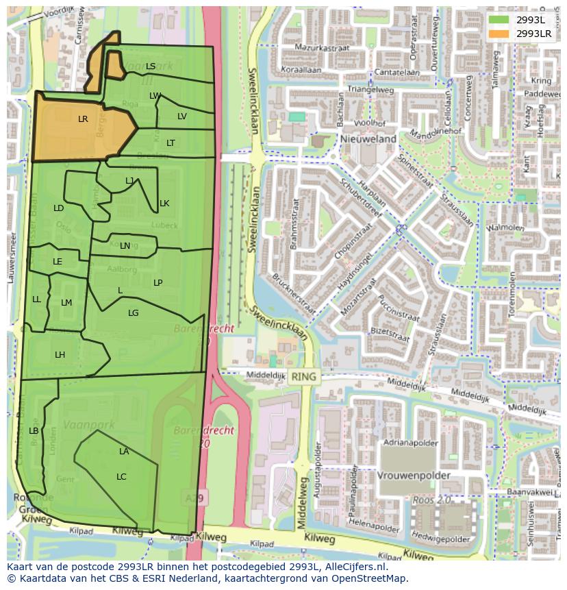 Afbeelding van het postcodegebied 2993 LR op de kaart.