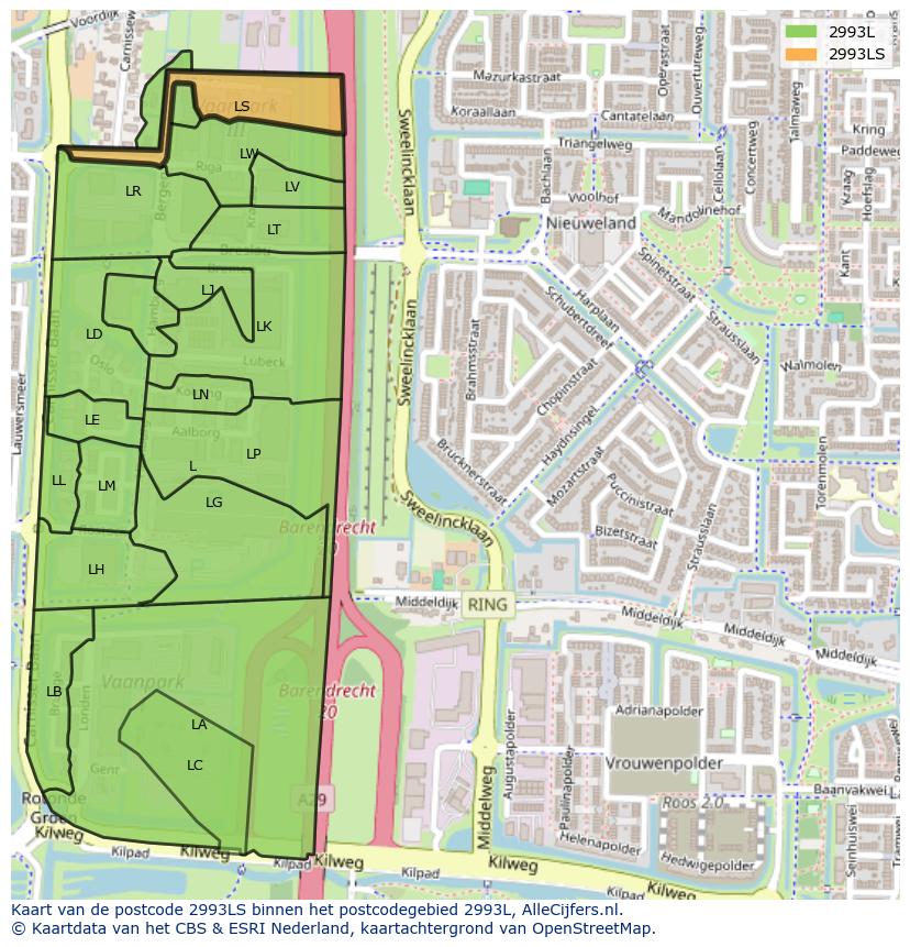 Afbeelding van het postcodegebied 2993 LS op de kaart.