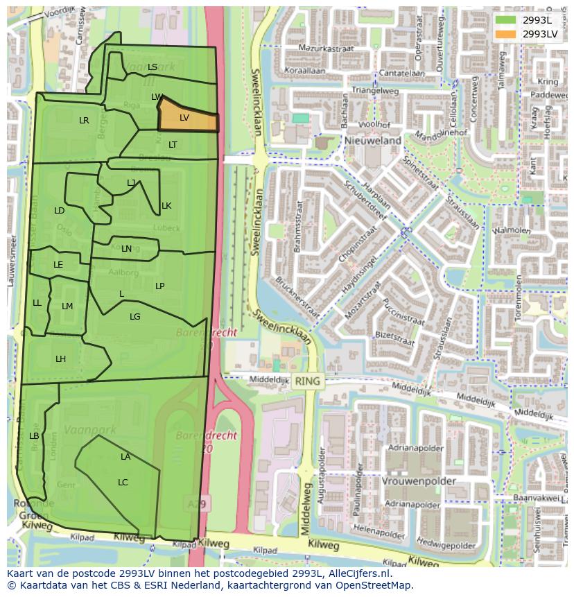 Afbeelding van het postcodegebied 2993 LV op de kaart.