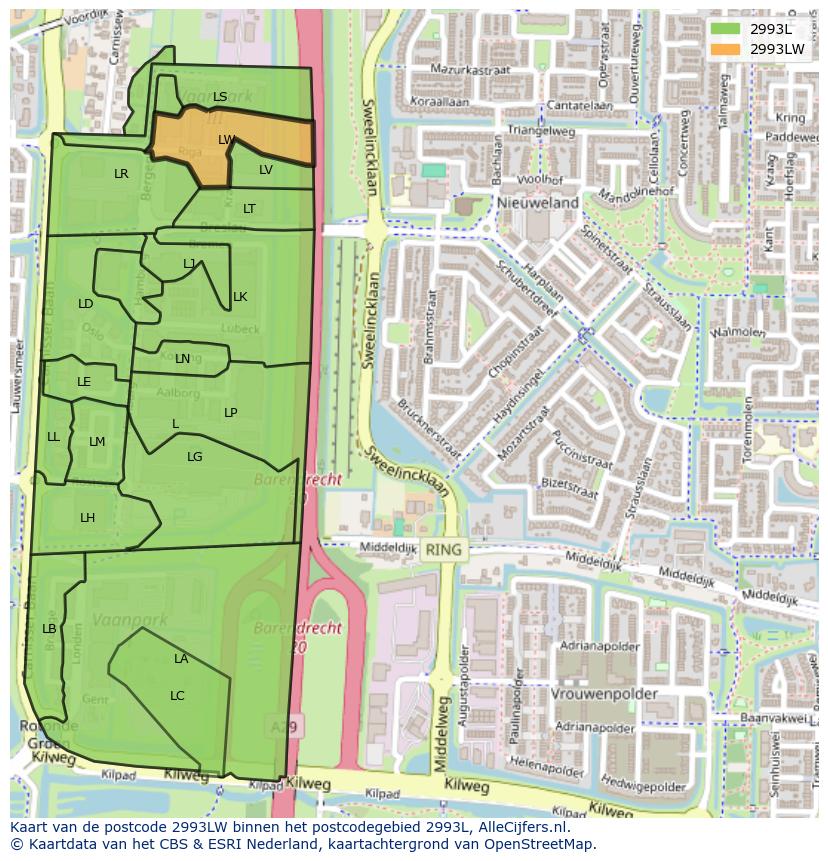 Afbeelding van het postcodegebied 2993 LW op de kaart.