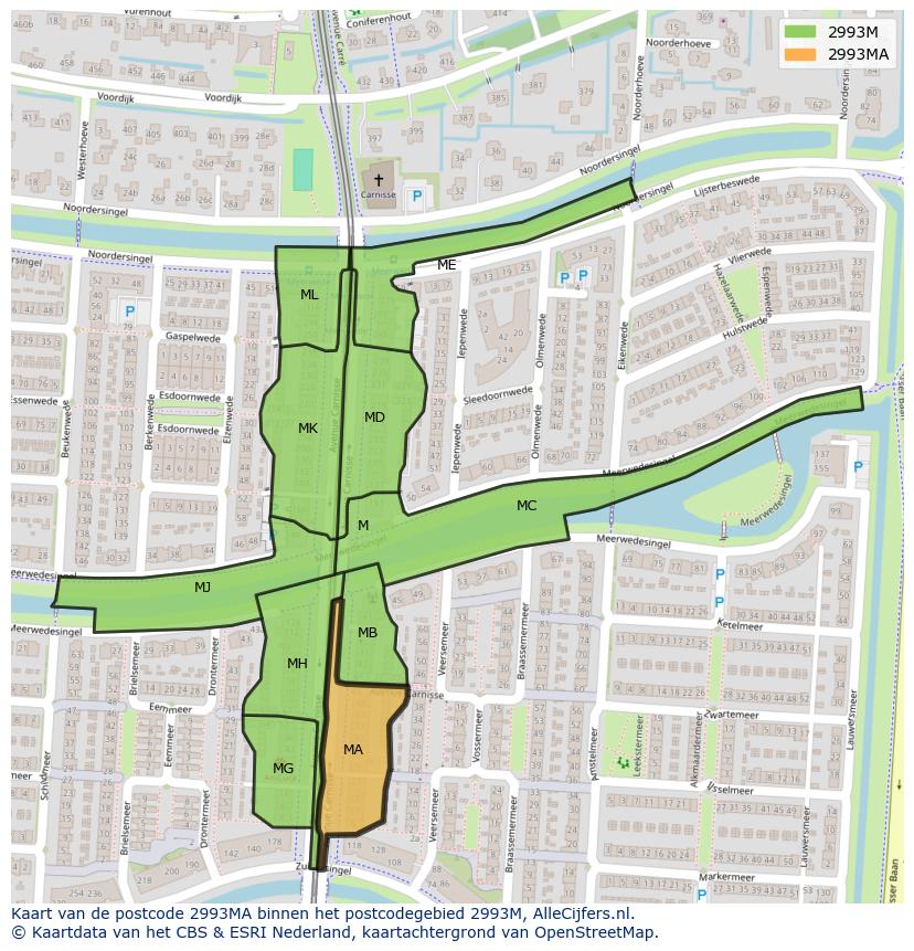 Afbeelding van het postcodegebied 2993 MA op de kaart.