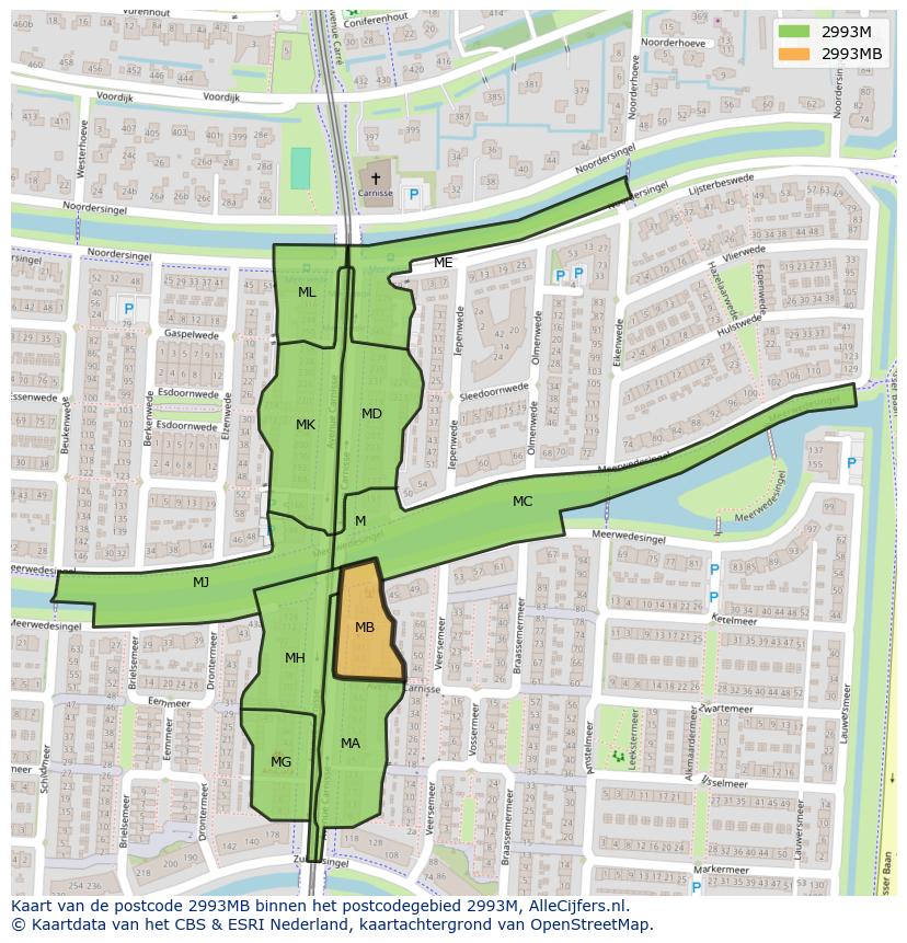 Afbeelding van het postcodegebied 2993 MB op de kaart.