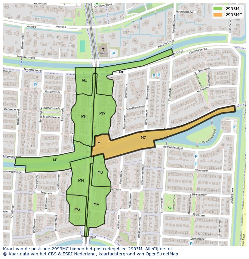 Afbeelding van het postcodegebied 2993 MC op de kaart.
