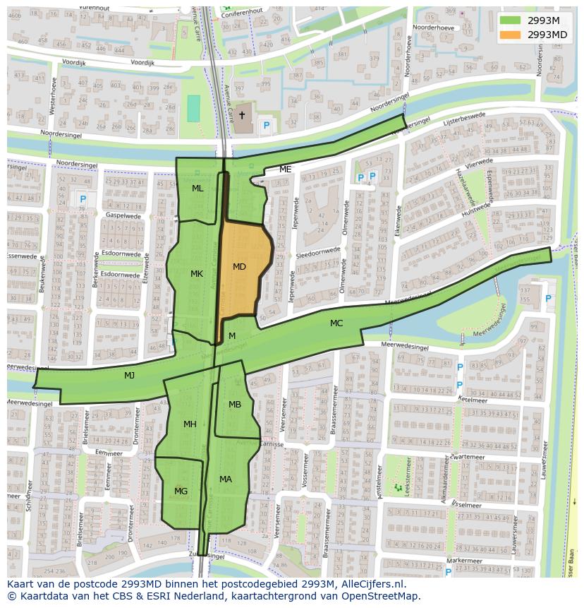 Afbeelding van het postcodegebied 2993 MD op de kaart.