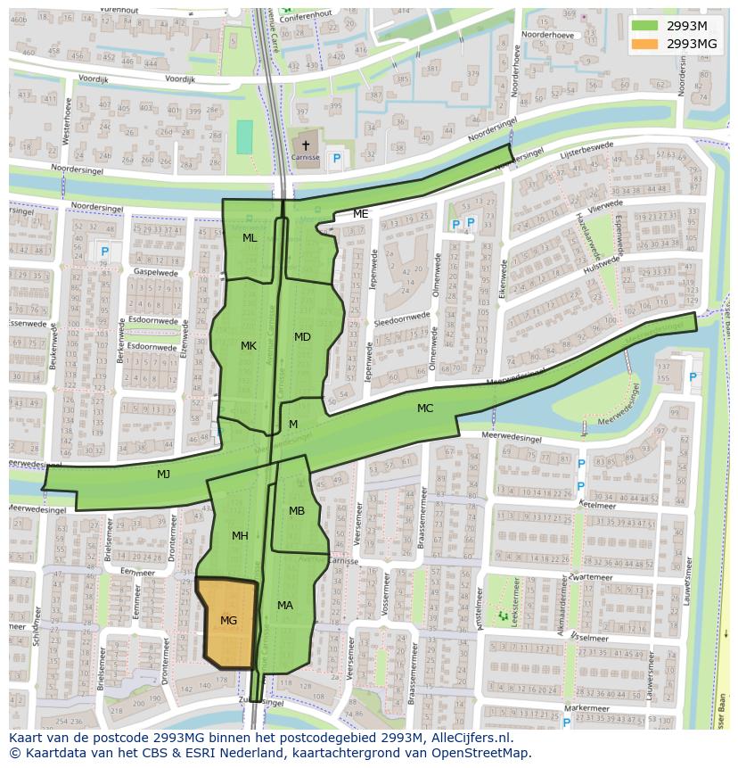 Afbeelding van het postcodegebied 2993 MG op de kaart.