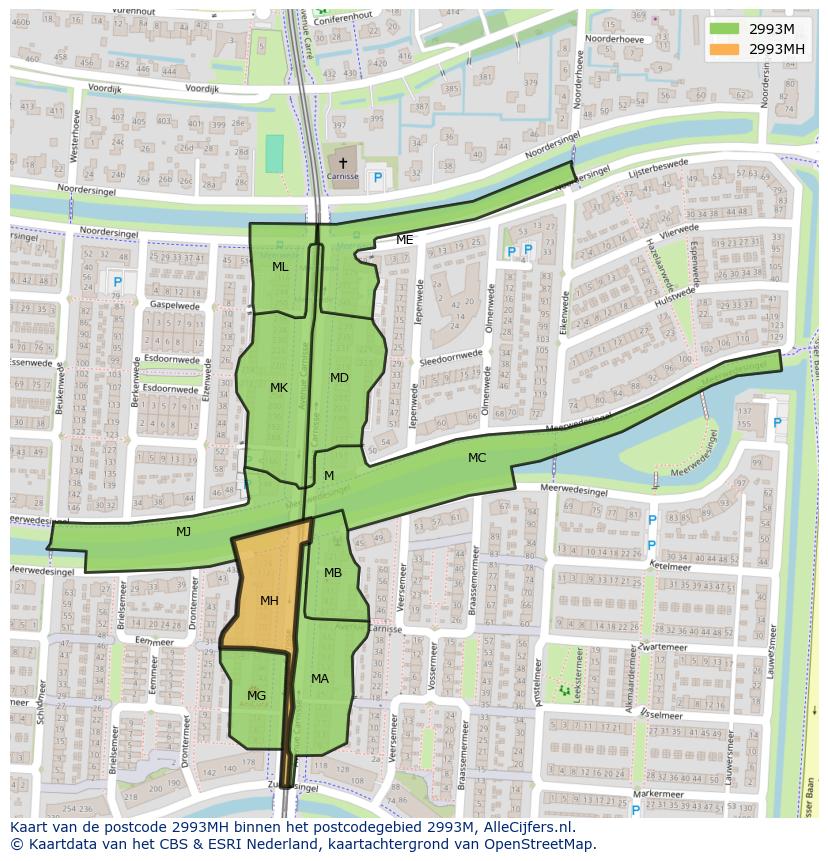 Afbeelding van het postcodegebied 2993 MH op de kaart.