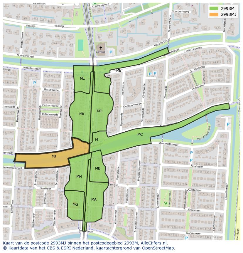 Afbeelding van het postcodegebied 2993 MJ op de kaart.