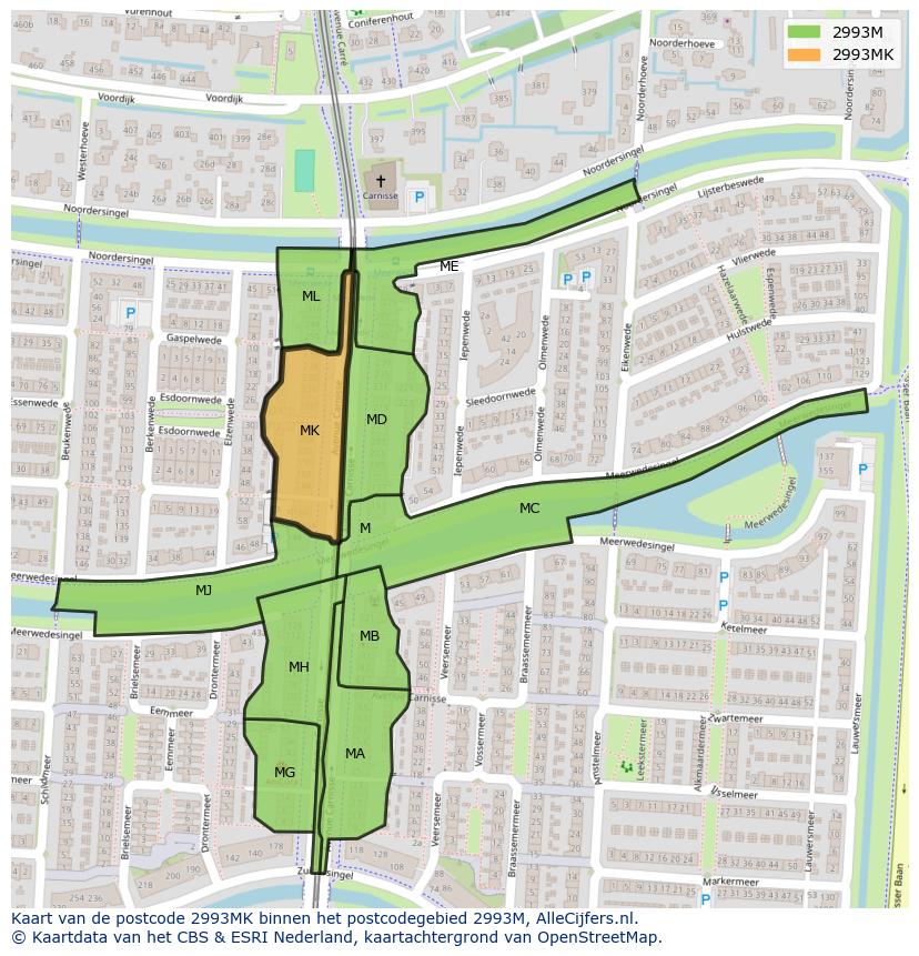 Afbeelding van het postcodegebied 2993 MK op de kaart.