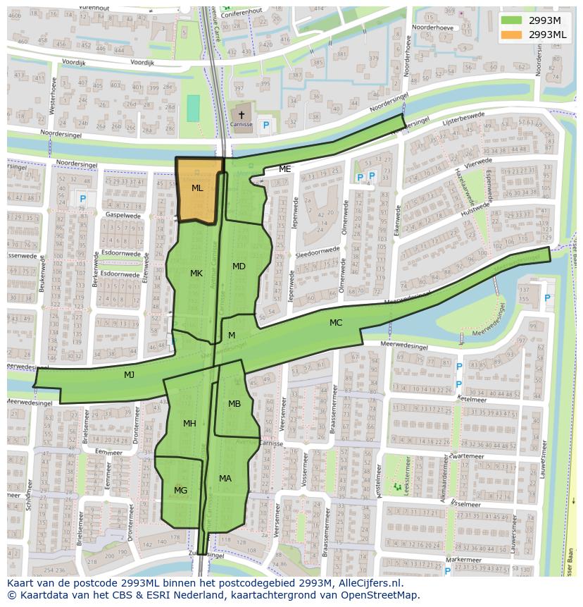 Afbeelding van het postcodegebied 2993 ML op de kaart.