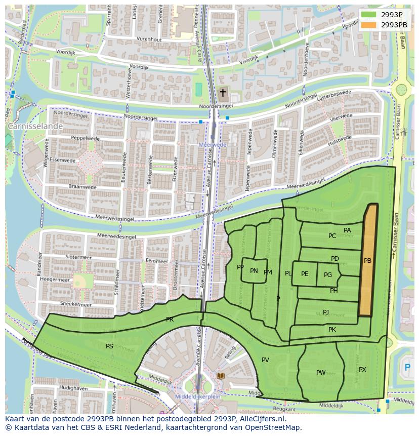 Afbeelding van het postcodegebied 2993 PB op de kaart.