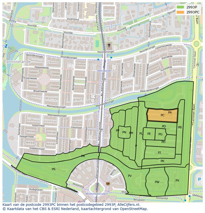 Afbeelding van het postcodegebied 2993 PC op de kaart.