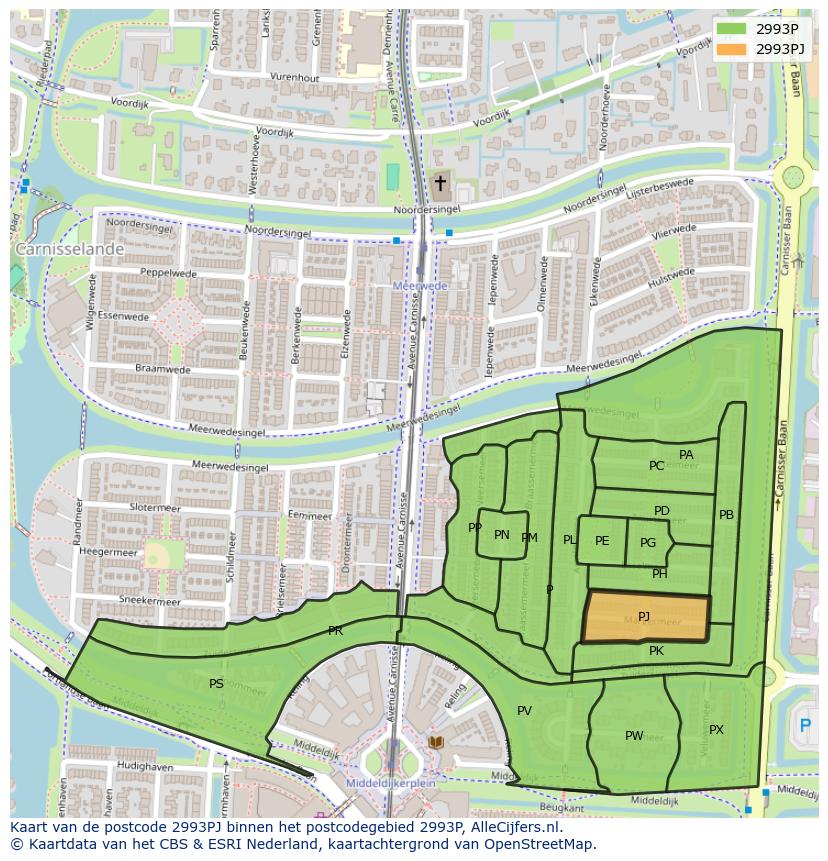 Afbeelding van het postcodegebied 2993 PJ op de kaart.