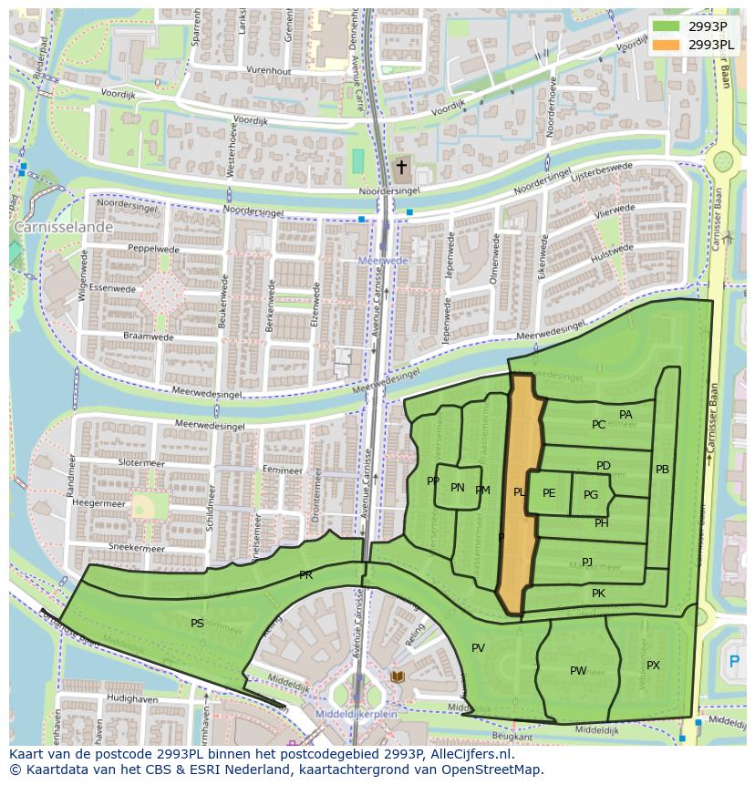 Afbeelding van het postcodegebied 2993 PL op de kaart.