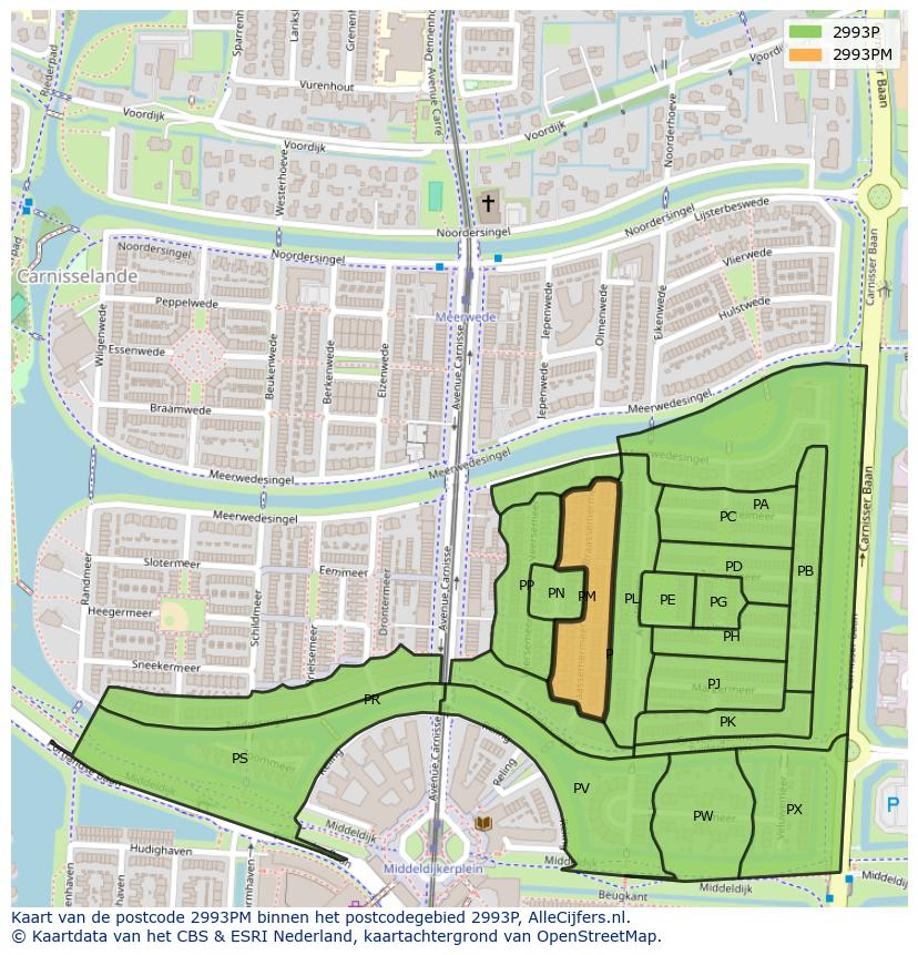Afbeelding van het postcodegebied 2993 PM op de kaart.