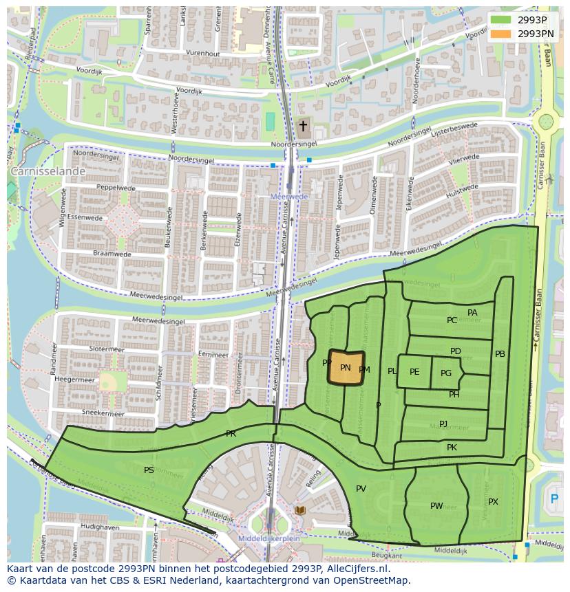 Afbeelding van het postcodegebied 2993 PN op de kaart.