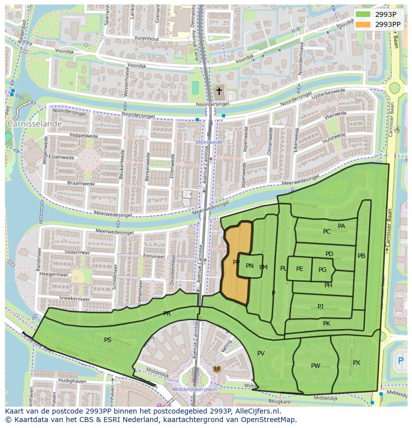 Afbeelding van het postcodegebied 2993 PP op de kaart.