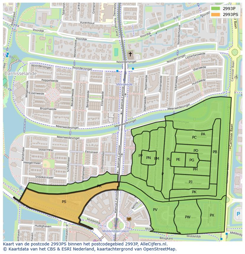 Afbeelding van het postcodegebied 2993 PS op de kaart.